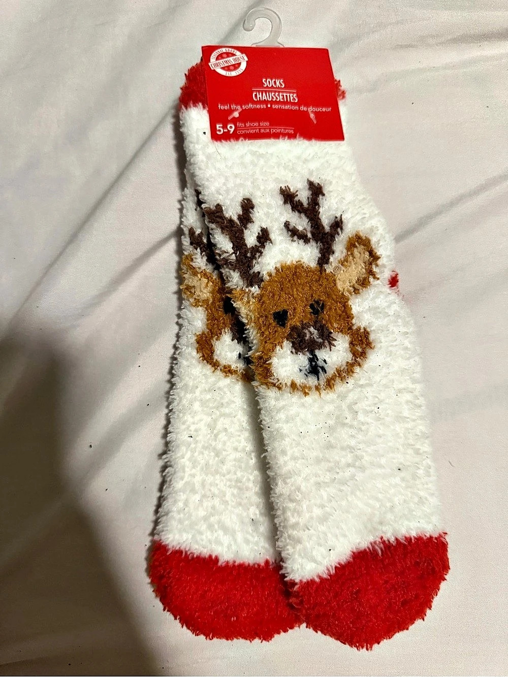 Christmas House Reindeer Cozy Socks White & Red Women 5-9